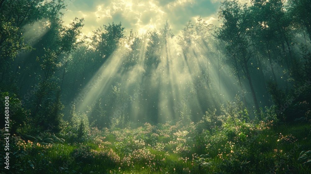 Sunbeams Illuminate Magical Forest Clearing With Flowers Sunbeams Illuminate Magical Forest Clearing With Flowers