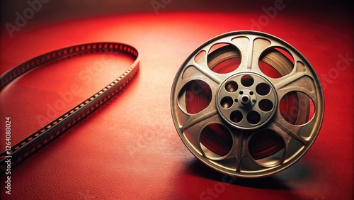 Close-up of vintage film reel on red background, film strip, vintage,  film strip, vintage, movie photo