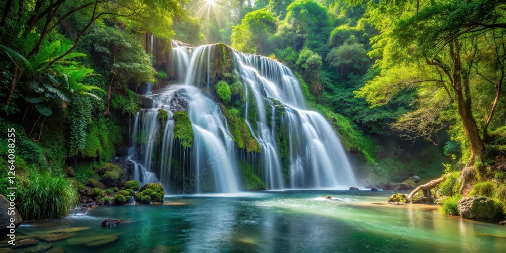 Waterfall cascading gracefully in the midst of a lush forest, calmness, landscape, calmness, landscape Waterfall cascading gracefully in the midst of a lush forest, calmness, landscape, calmness, landscape