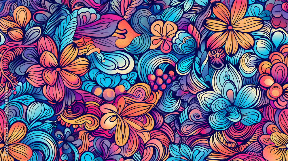 Vibrant floral pattern with intricate designs in various colors, suitable for backgrounds Vibrant floral pattern with intricate designs in various colors, suitable for backgrounds