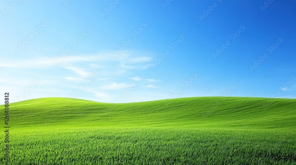 Naklejka premium Sunny green field landscape, rolling hills, blue sky, clouds, nature background, idyllic