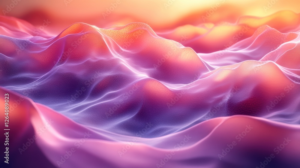 Obraz premium Abstract Wavy Landscape. A mesmerizing abstract landscape with undulating, soft waves of glowing pink, purple, and orange light evokes feelings of tranquility and dreaminess. The smooth.
