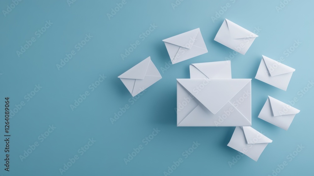 Fototapeta premium White envelopes scattered creatively on a soft blue background for communication and mail concept visuals