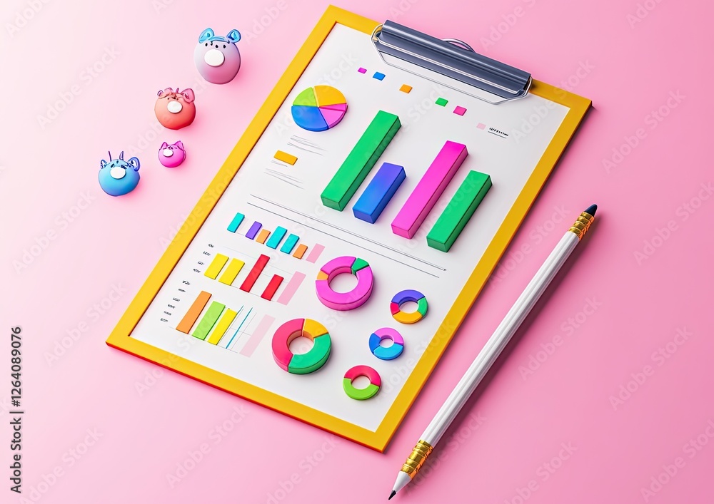 Naklejka premium Colorful data analysis on clipboard with cute animals, pink background