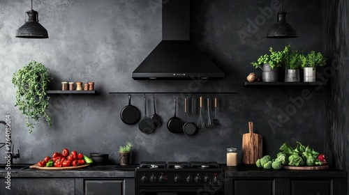 Dark kitchen interior, cooking, industrial design, range hood, urban style, food prep, shelving, plants