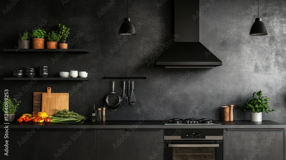 Dark kitchen, cooking prep, shelves, plants, urban backdrop, interior design Dark kitchen, cooking prep, shelves, plants, urban backdrop, interior design