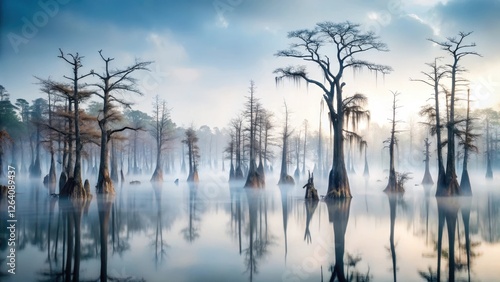 Dense fog rolls in over a twisted cypress swamp with dead trees standing like skeletal sentinels amidst the misty atmosphere, eerie, solitude photo