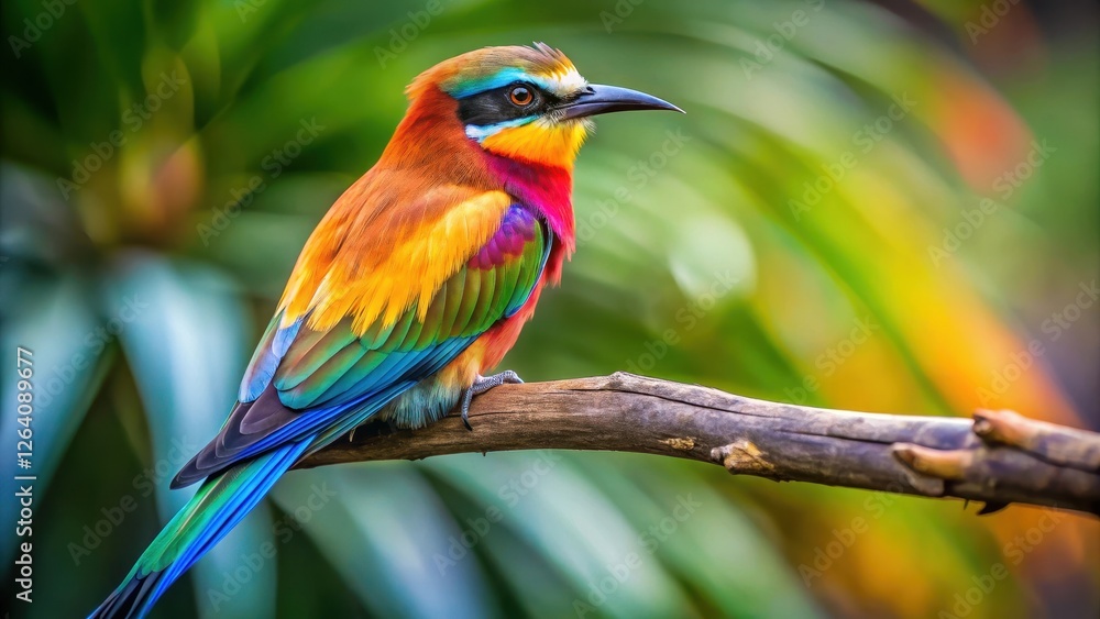 Fototapeta premium Colorful tropical bird perched on a branch with vibrant plumage and long tail feathers, birds, vibrant plumage