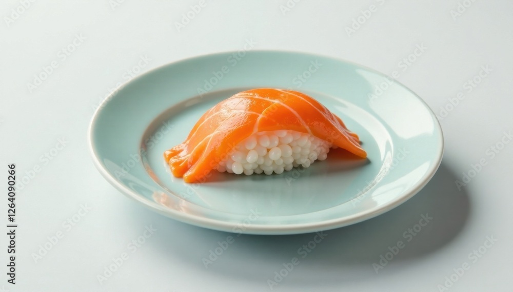 Minimalist flat design of a plate with a single piece of sushi, simple design, rice and fish, seafood Minimalist flat design of a plate with a single piece of sushi, simple design, rice and fish, seafood