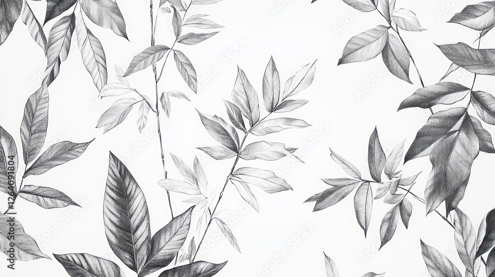 Fototapeta premium Monochrome botanical leaf pattern, seamless design, white background, textile print