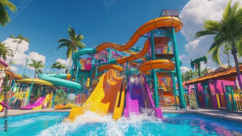 Wallpaper Mural Tropical waterpark slides, sunny day, pool, fun, vacation advertising Torontodigital.ca