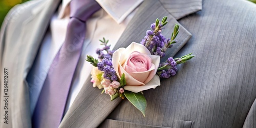 A delicate floral corsage adorned with a sprig of fresh lavender and a few carefully arranged date prom flowers in soft pastel hues on a formal wear outfit , corsage, flowers