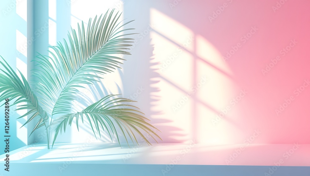 Fototapeta premium Pastel Room with Palm Leaves and Sunlight