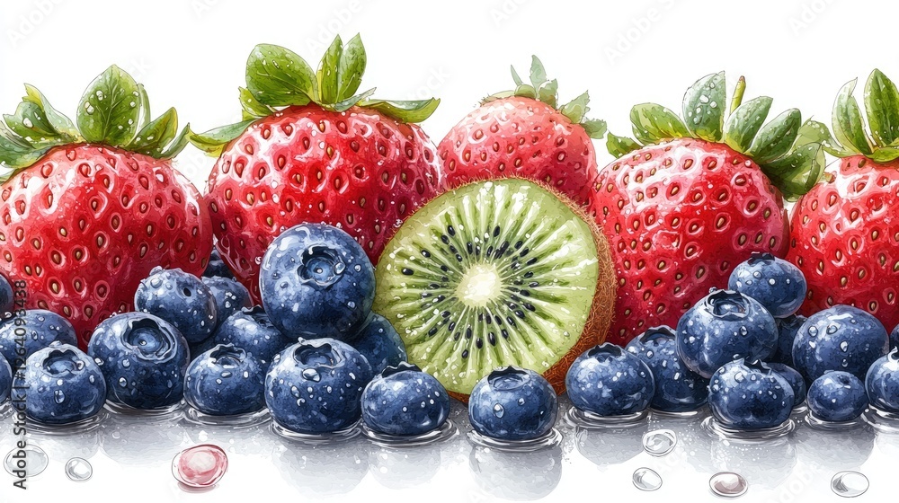 Fresh assortment of strawberries, blueberries, and a sliced kiwi on a reflective surface Fresh assortment of strawberries, blueberries, and a sliced kiwi on a reflective surface