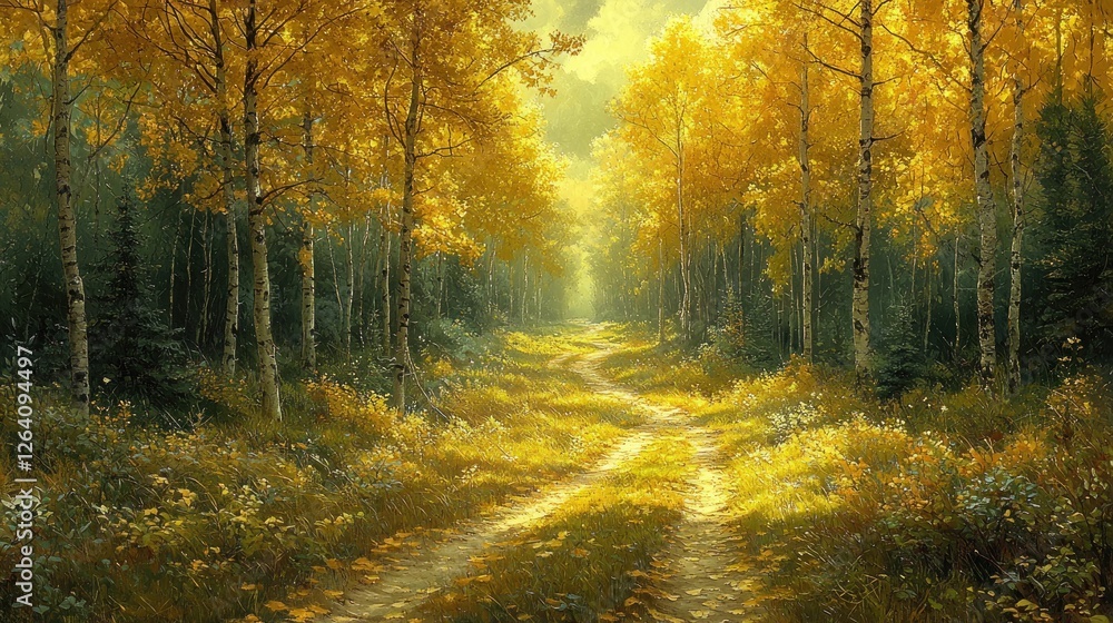 Obraz premium Golden Autumn Path Through a Birch Forest