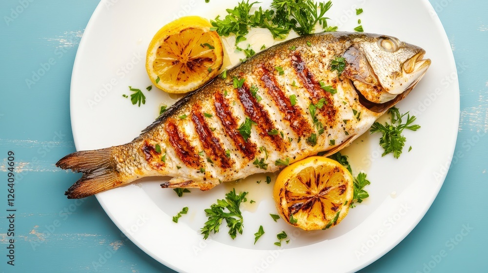 Grilled Fish with Garnished Lemon and Fresh Herbs on a White Plate Presentation