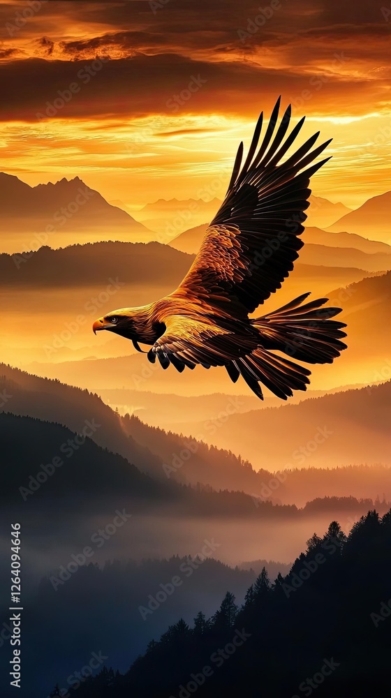 Obraz premium Majestic eagle soaring at sunset in mountains.