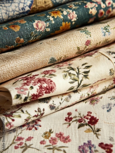 Close up view of beautifully patterned fabrics featuring floral designs with ample space for creative text placement. Generative AI