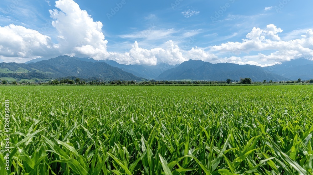 Lush green field, mountains, sunny day, cloudscape, idyllic landscape, perfect for travel brochures Lush green field, mountains, sunny day, cloudscape, idyllic landscape, perfect for travel brochures