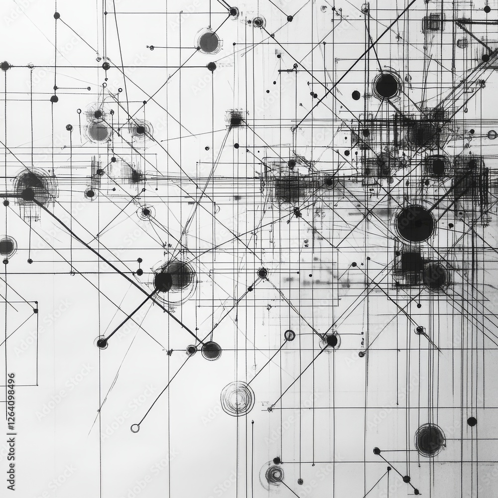 A highly detailed abstract visualization of a circuit-like digital network, composed of interconnected lines and geometric nodes, representing data flow and AI technology. AI generated.