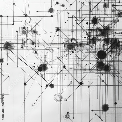 Obraz na płótnie A highly detailed abstract visualization of a circuit-like digital network, composed of interconnected lines and geometric nodes, representing data flow and AI technology. AI generated. w salonie