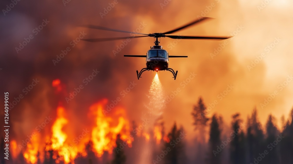 Helicopter Water Dropping Over Forest Fire in Dramatic Sunset Sky Helicopter Water Dropping Over Forest Fire in Dramatic Sunset Sky
