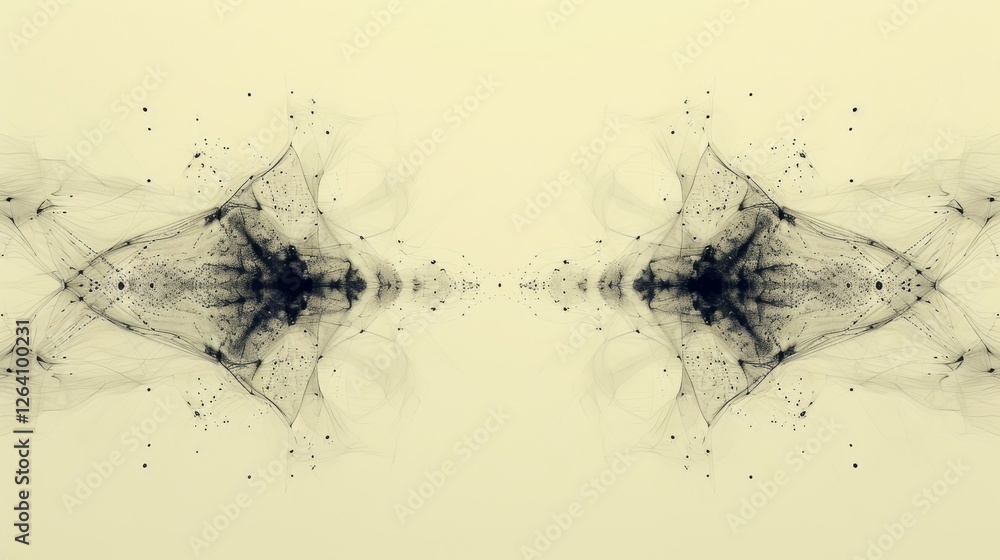 A digital artwork featuring a symmetrical black ink splatter effect on a light background, resembling a mirrored abstract pattern with delicate details and soft gradients. AI generated.