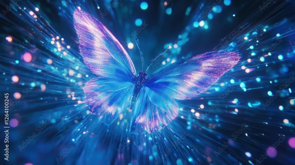 Fototapeta premium Glowing butterfly bursts through light, dark space, cosmic background, digital art