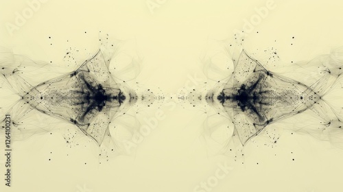 Obraz na płótnie A digital artwork featuring a symmetrical black ink splatter effect on a light background, resembling a mirrored abstract pattern with delicate details and soft gradients. AI generated. w salonie