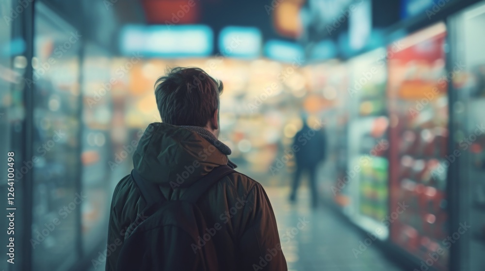 A young man wearing a backpack walks through a dimly lit shopping center with glowing store lights. The scene evokes a sense of solitude and urban exploration. AI generated.