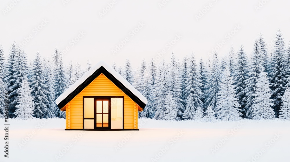Cozy yellow cabin surrounded by snow-covered pine trees in a serene winter landscape Cozy yellow cabin surrounded by snow-covered pine trees in a serene winter landscape