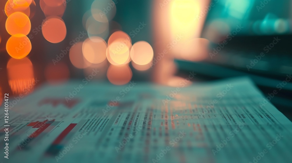 A financial report with charts and graphs in soft focus, set against a colorful bokeh background, symbolizing financial analysis and business strategy. AI generated.