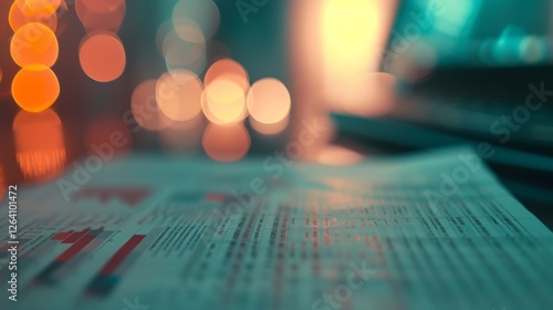 Obraz na płótnie A financial report with charts and graphs in soft focus, set against a colorful bokeh background, symbolizing financial analysis and business strategy. AI generated. w salonie