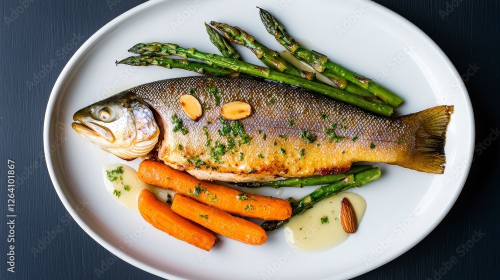 Grilled Fish with Asparagus and Carrots Served on a White Plate for Dinner Grilled Fish with Asparagus and Carrots Served on a White Plate for Dinner