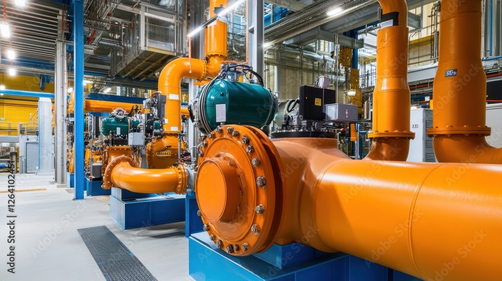 Industrial plant orange piping system, machinery, energy production, factory background Industrial plant orange piping system, machinery, energy production, factory background