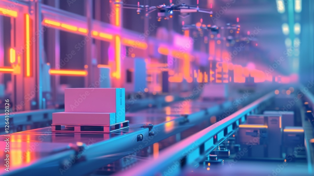 A smart conveyor system transports packages in a high-tech warehouse, surrounded by AI-powered drones and robotic automation, illuminated by neon lights. AI generated.