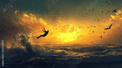 Kitesurfer sunset ocean splash birdscape freedom