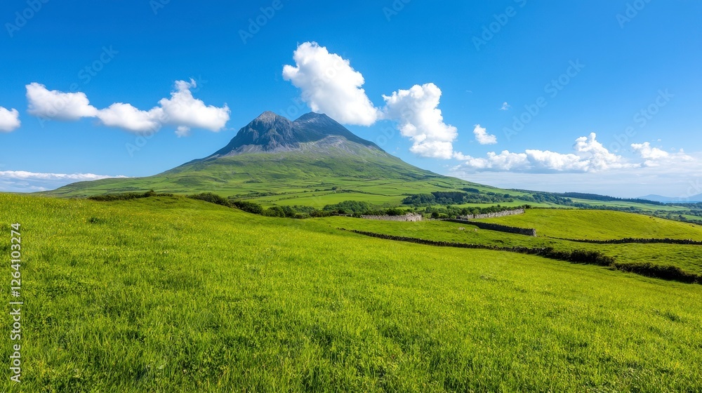 Majestic Green Mountain Under Bright Blue Sky with Fluffy White Clouds Majestic Green Mountain Under Bright Blue Sky with Fluffy White Clouds