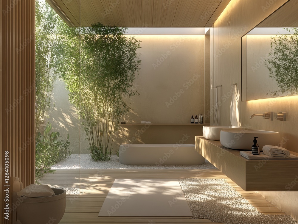 Fototapeta premium Bright modern bathroom featuring a garden view and wooden design