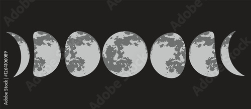 Moon Phases Illustration: Waxing Crescent, First Quarter, Waxing Gibbous, Full Moon, Waning Gibbous, Last Quarter, Waning Crescent - Detailed Lunar Cycle Representation