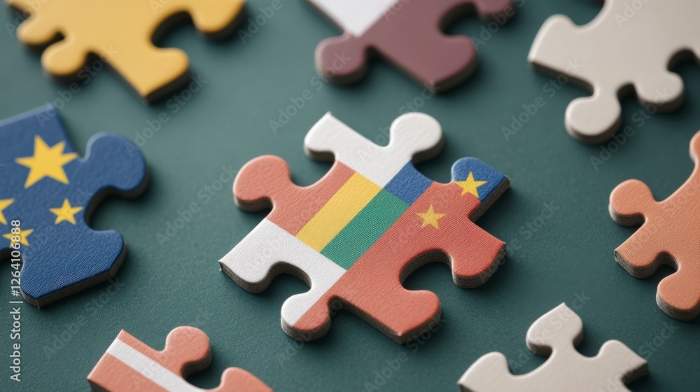 Obraz premium Colorful Puzzle Pieces Featuring Various National Flags on a Solid Background