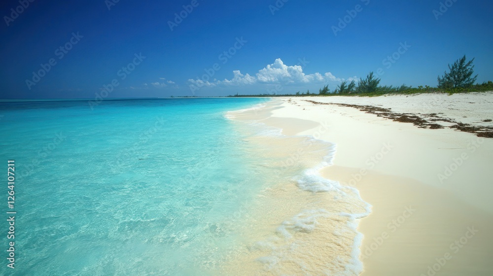Fototapeta premium Turquoise water lapping white sand beach, tropical island background, vacation