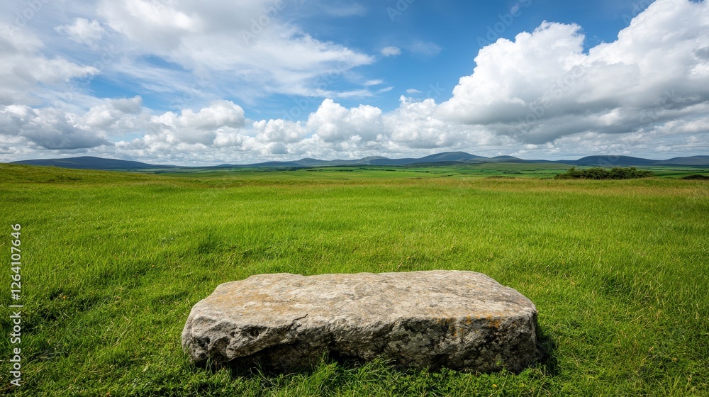 Scenic Landscape with Stone Slab and Lush Green Field Under Bright Blue Sky Scenic Landscape with Stone Slab and Lush Green Field Under Bright Blue Sky