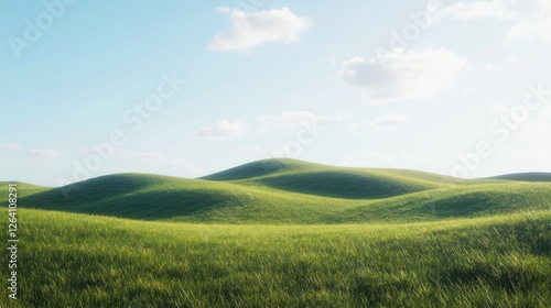 Sunny day rolling green hills landscape, pastoral scene, travel brochure
