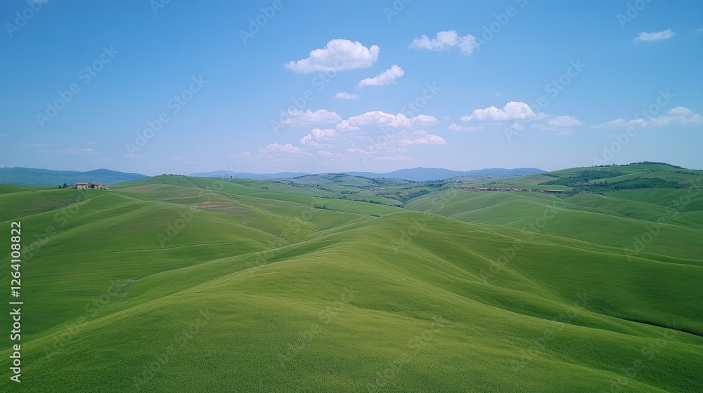 Tuscan Hills Aerial View Rolling green landscape, farmhouse, blue sky Tuscan Hills Aerial View Rolling green landscape, farmhouse, blue sky