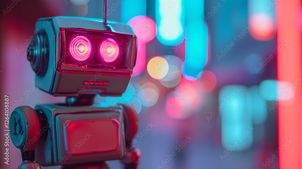 A vintage-inspired robot with a boxy design and glowing pink eyes stands in a neon-lit urban setting. The AI-generated image captures a nostalgic yet futuristic cyberpunk aesthetic. AI generated.