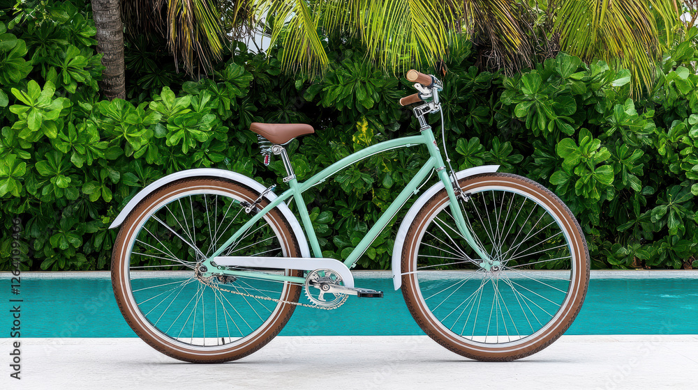 beach cruiser bike parked next to pool surrounded by lush greenery beach cruiser bike parked next to pool surrounded by lush greenery