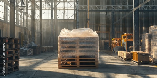 Close-up of a weathered wooden pallet snugly wrapped in clear plastic, resting on an angled concrete floor, casting intriguing shadows to the left photo