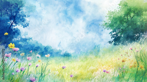 春のうららかな景色の優しい雰囲気の水彩イラスト