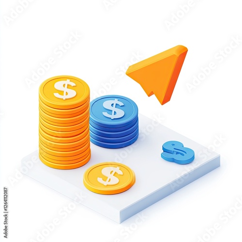 3D illustration of growing investment, with a flying arrow, in isometric view photo